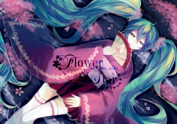 aqua_eyes, aqua_hair, bad_id, fan, folding_fan, hatsune_miku, japanese_clothes, kimono, lethe_wakako, long_hair, skirt, smile, solo, thigh-highs, thighhighs, twintails, very_long_hair, vocaloid