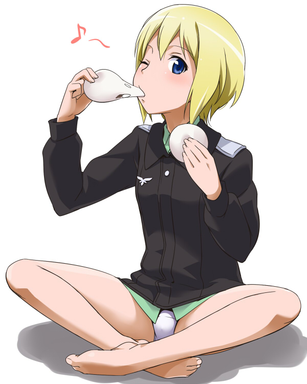 barefoot, blonde_hair, blue_eyes, blush, daifukumochi, eating, erica_hartmann, feet