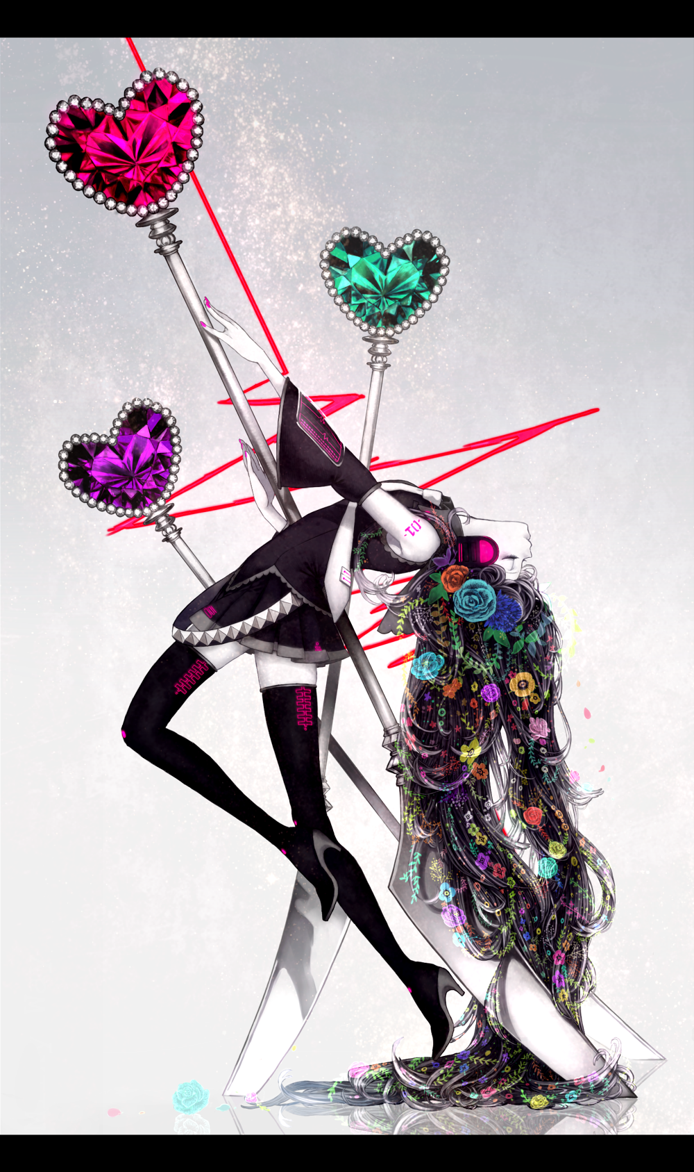 arched_back, boots, closed_eyes, detached_sleeves, flower, gem, hair_flower, hair_ornament