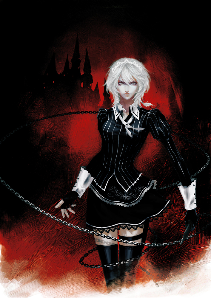 alternate_costume, black_gloves, black_legwear, braid, chain, chains, fingerless_gloves, gloves