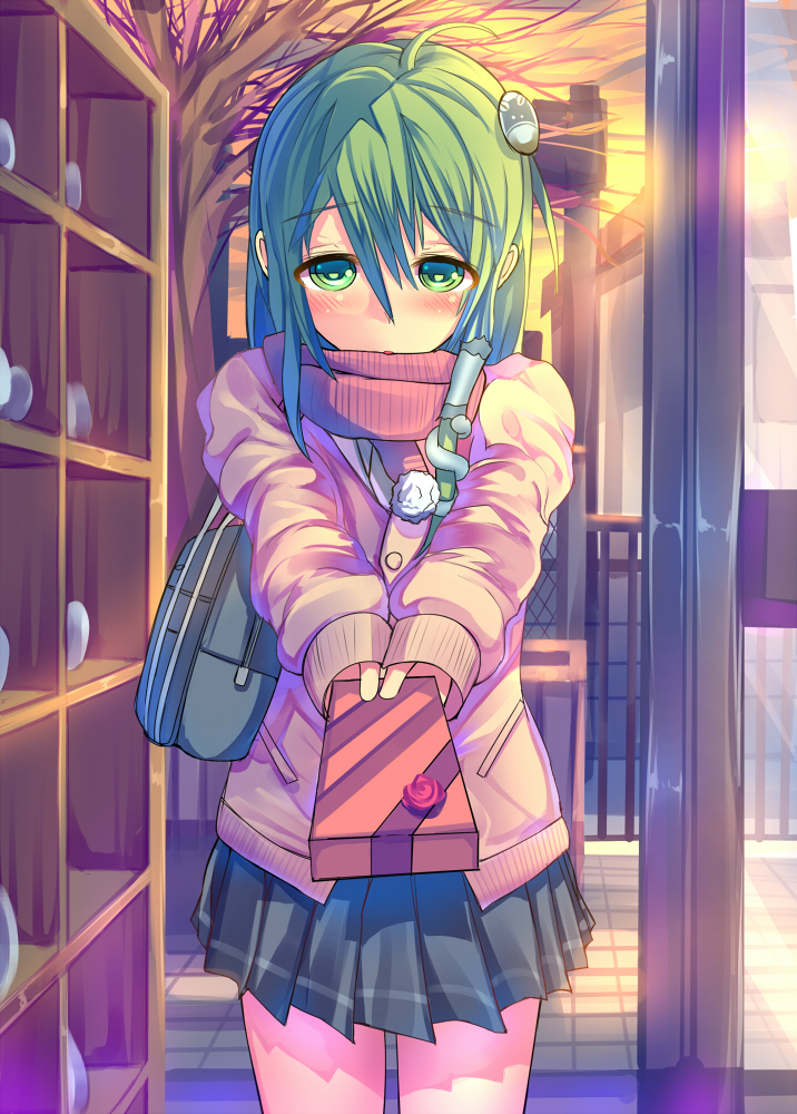 ahoge, alternate_costume, bag, blush, box, building, cardigan, daito