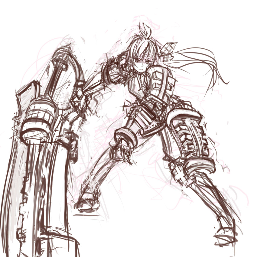 ahoge, armor, gunblade, highres, huge_weapon, imca, military, military_uniform