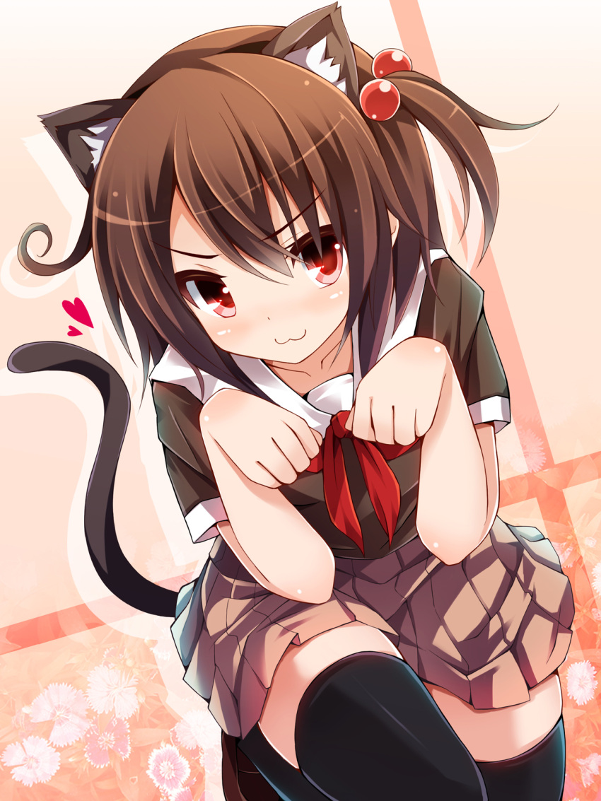 >:3, :3, animal_ears, black_legwear, brown_hair, cat_ears, cat_tail, chiri_(atlanta)