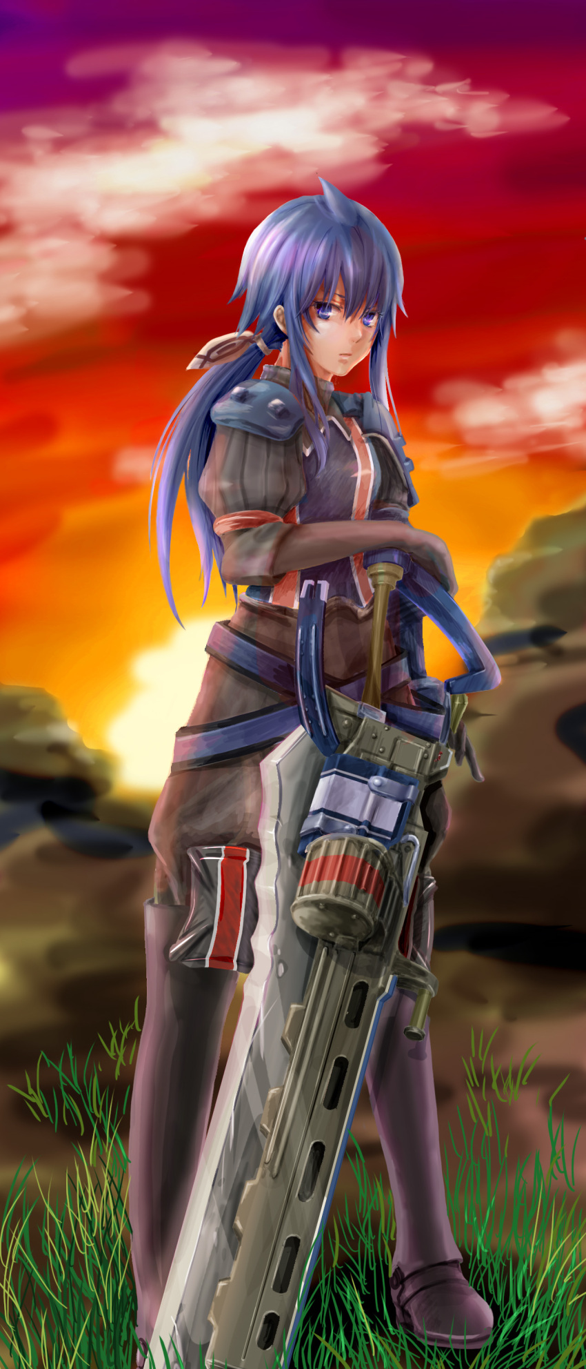 absurdres, armor, belt, blue_eyes, blue_hair, boots, gloves, gunblade