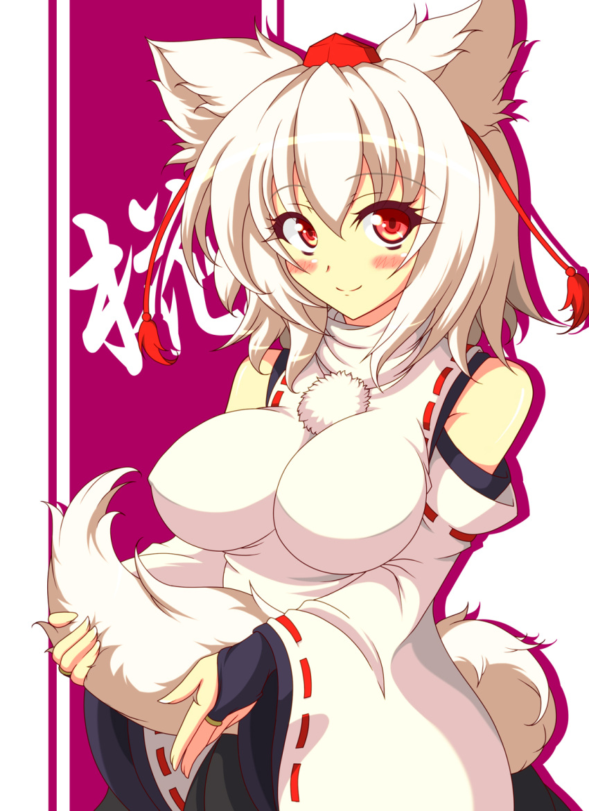 animal_ears, bare_shoulders, between_legs, blush, breasts, bridal_gauntlets, detached_sleeves, hat