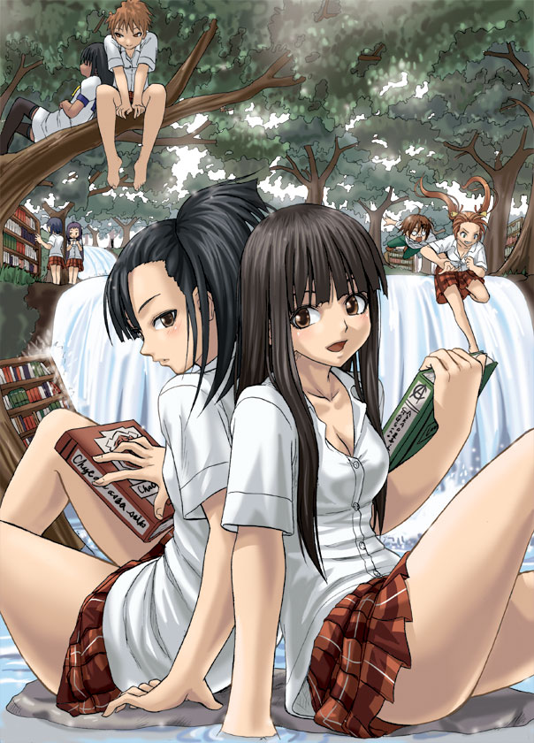 ayase_yue, back-to-back, back_to_back, black_eyes, book, bookshelf, brown_eyes, brown_hair