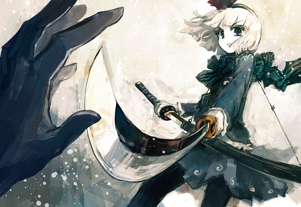 black_legwear, blue_eyes, dual_wielding, hairband, hatoya_hato, katana, konpaku_youmu, pantyhose
