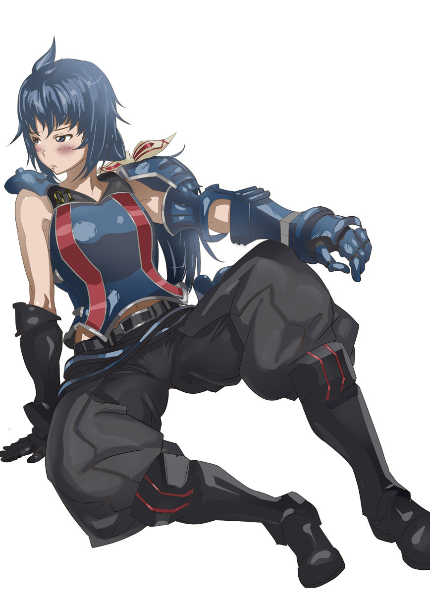 ahoge, armor, baggy_pants, belt, blue_eyes, blue_hair, blush, boots
