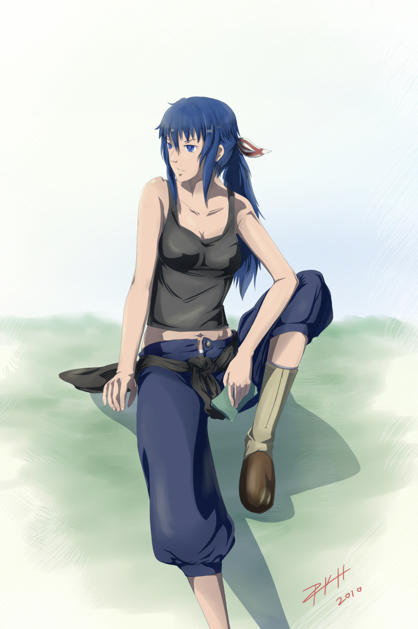 1girl, artist_request, bare_shoulders, blue_eyes, blue_hair, boots, capri_pants, casual