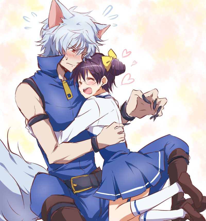 ^_^, animal_ears, belt, black_hair, blush, bow, claws, closed_eyes