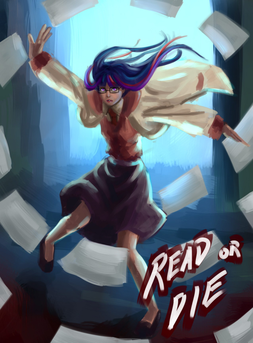 1girl, bespectacled, blurry, coat, cosplay, crossover, glasses, glowing, glowing_eyes, highres, lips, long_hair, multicolored_hair, my_little_pony, my_little_pony_friendship_is_magic, necktie, paper, parody, personification, purple_eyes, purple_hair, read_or_die, solo, title_drop, twilight_sparkle, violet_eyes, yomiko_readman, yomiko_readman_(cosplay)