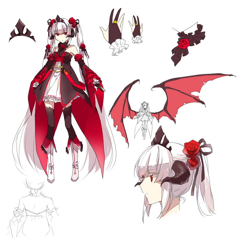 bare_shoulders, bat_wings, black_legwear, boots, bridal_gauntlets, character_sheet, colored_eyelashes, detached_sleeves