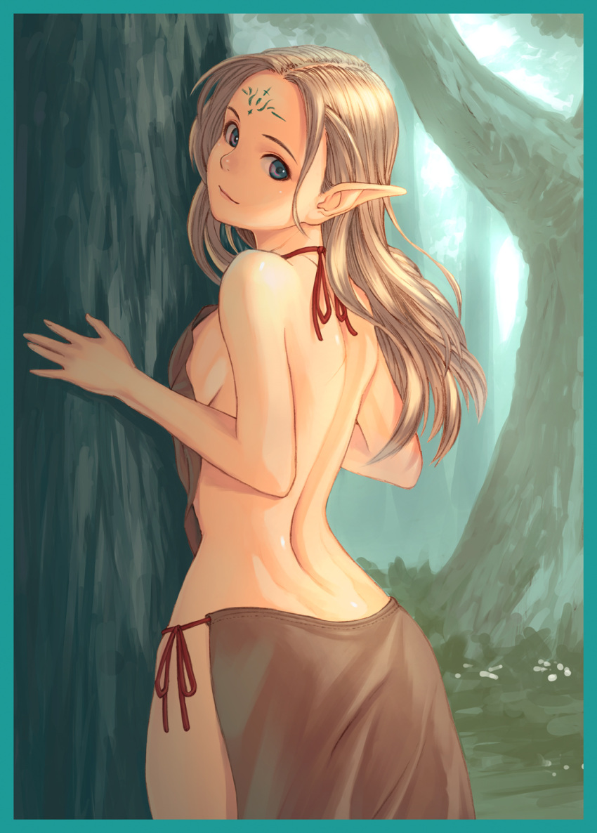 against_tree, aqua_eyes, back, bare_back, blonde_hair, breasts, elf, facial_mark