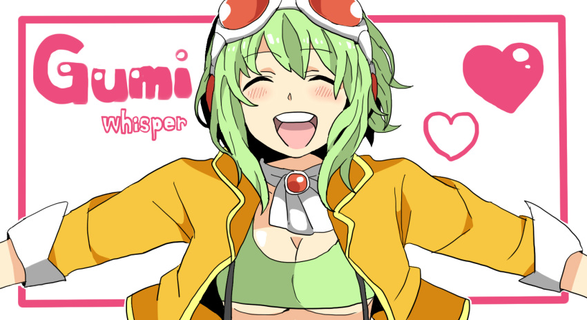 bad_id, blush, chatubo, goggles, goggles_on_head, green_hair, gumi, headphones