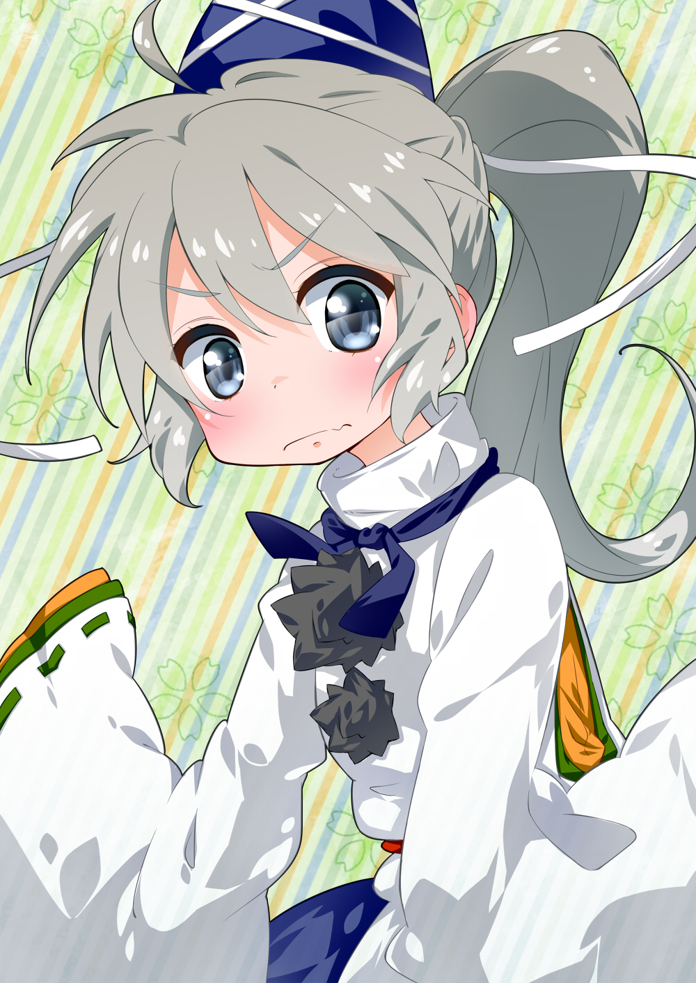 bad_id, blue_eyes, blush, bust, face, frown, grey_hair, hat