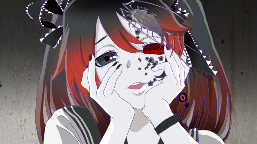 bad_id, black_hair, bow, calne_ca, creepy, crustacean, face, gradient_hair