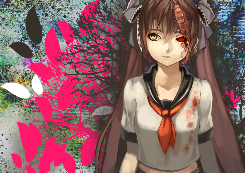beibei1987, blood, blood_stain, bow, brown_hair, calne_ca, crustacean, hair_bow