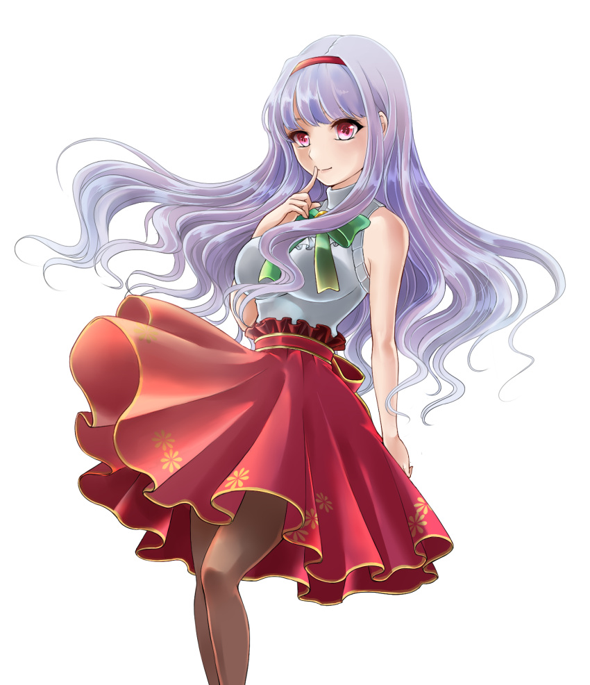 bow, finger_on_mouth, finger_to_mouth, hairband, highres, idolmaster, long_hair, pantyhose, pink_eyes, shijou_takane, silver_hair, skirt
