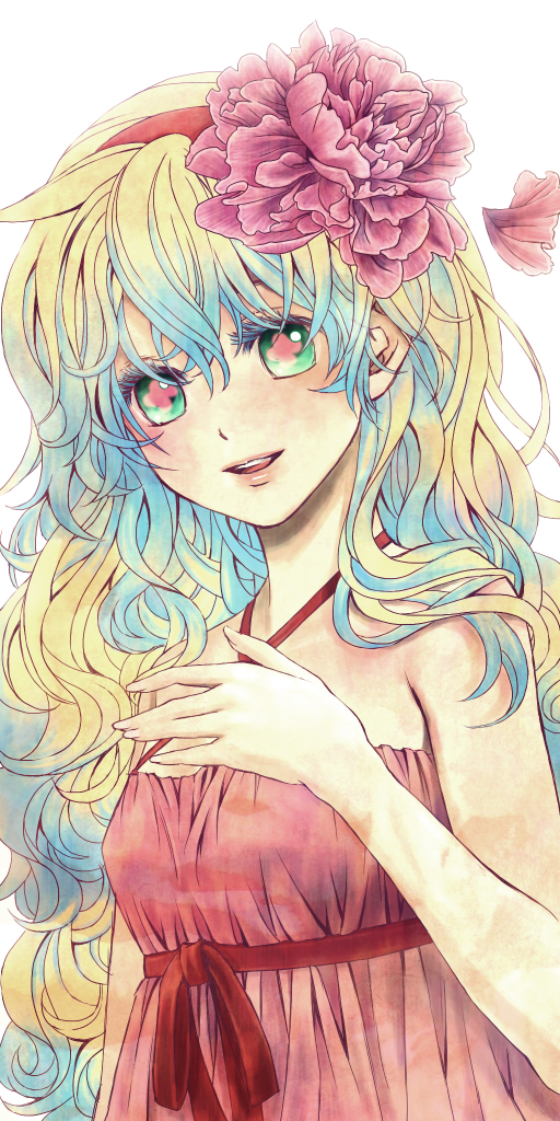 dress, flower, hair_flower, hair_ornament, long_hair, multicolored_hair, nia_teppelin, peco19peco
