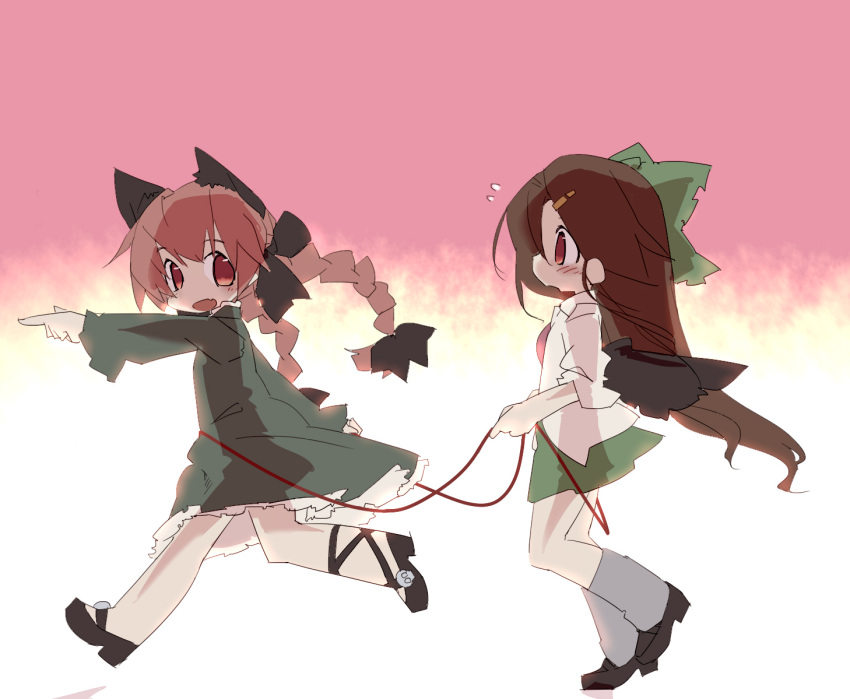 animal_ears, black_hair, braid, brown_eyes, brown_hair, cat_ears, child, dress, kaenbyou_rin, long_hair, multiple_girls, red_eyes, red_hair, reiuji_utsuho, rope_train, running, skirt, touhou, twin_braids, twintails, usada_o