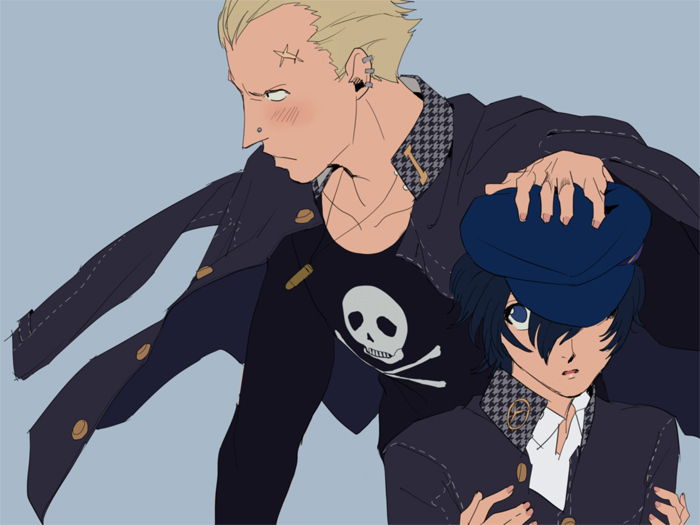 androgynous, black_eyes, blonde_hair, blue_eyes, blue_hair, blush, bullet, couple