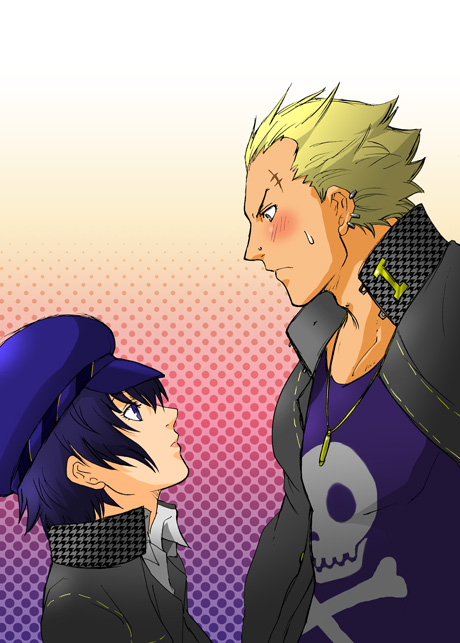 1girl, androgynous, blonde_hair, blue_eyes, blue_hair, blush, bullet, cabbie_hat, couple, crossdressinging, detective_hat, hat, height_difference, persona, persona_4, piercing, profile, reverse_trap, scar, sen_sika23, shirogane_naoto, short_hair, sweatdrop, tatsumi_kanji, tomboy