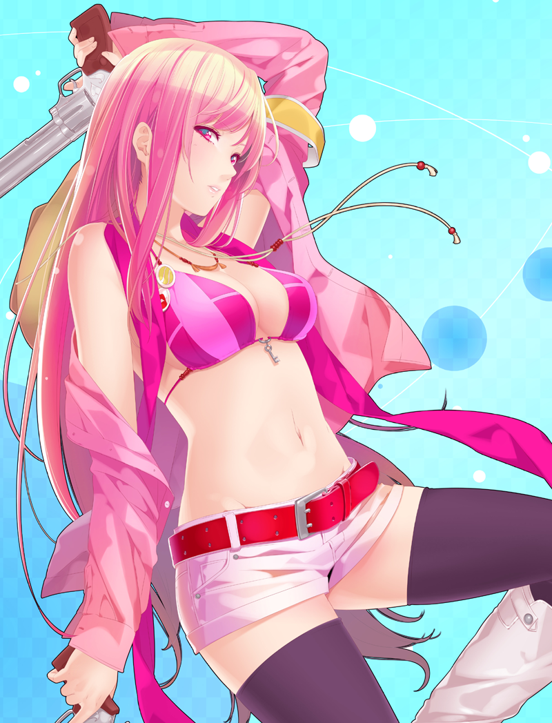 ama_mitsuki, arm_up, armband, belt, bikini_top, black_legwear, boots, breasts
