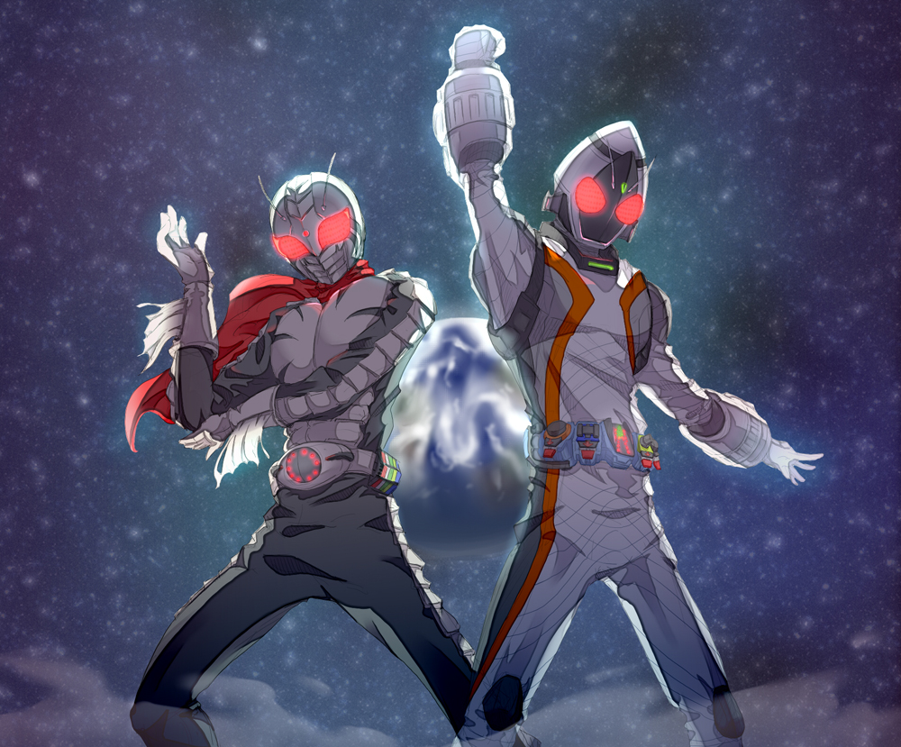2boys, belt, earth, echoes7, gloves, glowing, glowing_eyes, kamen_rider, kamen_rider_fourze, kamen_rider_fourze_(series), kamen_rider_super-1, kamen_rider_super-1_(series), male, multiple_boys, pose, space