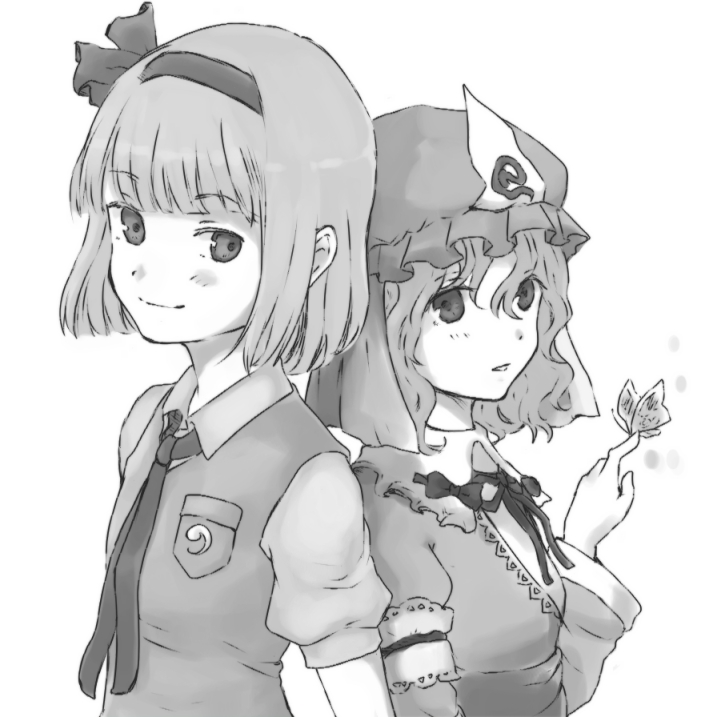 bad_id, blush, butterfly, hair_ribbon, hairband, hat, konpaku_youmu, monochrome