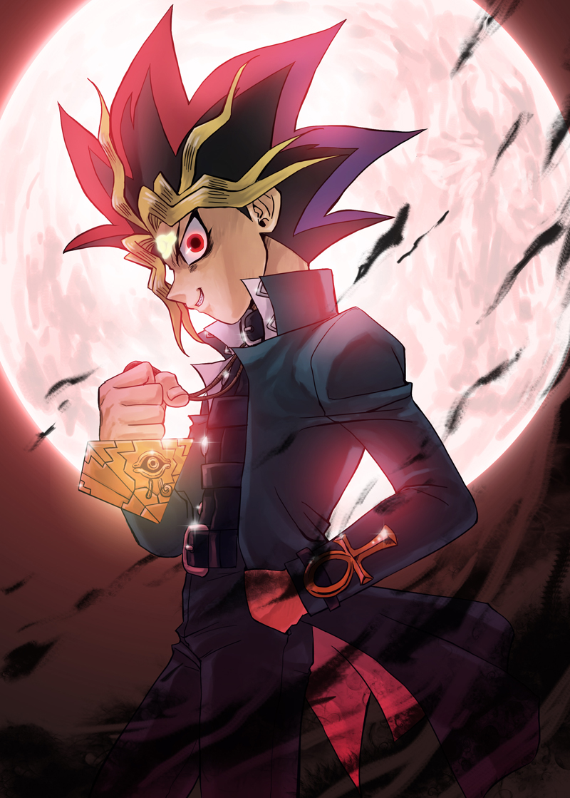 ankh, crazy_eyes, facial_mark, forehead_mark, full_moon, hand_in_pocket, jewelry, male