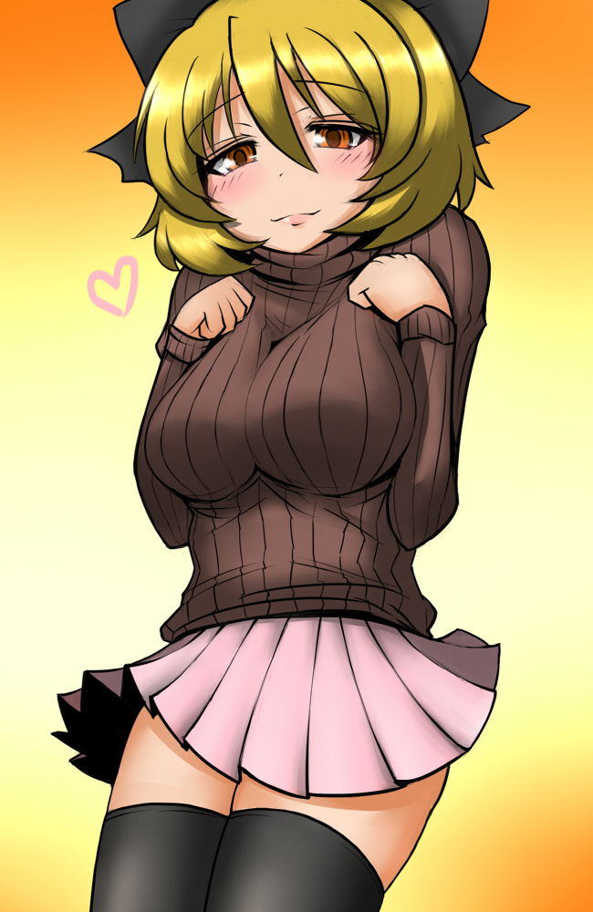alternate_costume, black_legwear, blonde_hair, bow, breasts, dsk, hair_bow, heart