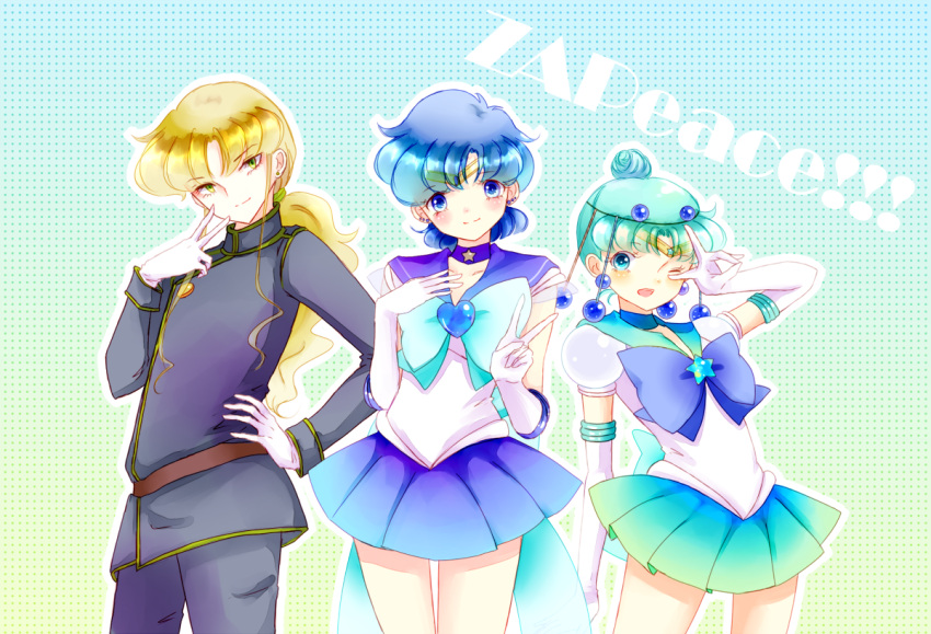 2girls, amazons_quartet, androgynous, aqua_background, bishoujo_senshi_sailor_moon, blonde_hair, blue_eyes, blue_hair