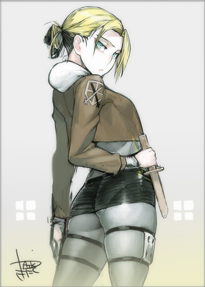 annie_leonhardt, ass, blonde_hair, blue_eyes, hair_bun, hoodie, jacket, knife