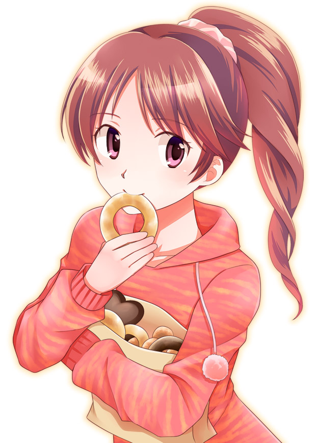 doughnut, eating, food, hair_ornament, hoodie, idolmaster, idolmaster_cinderella_girls, inusaki, ponytail, shiina_noriko, solo