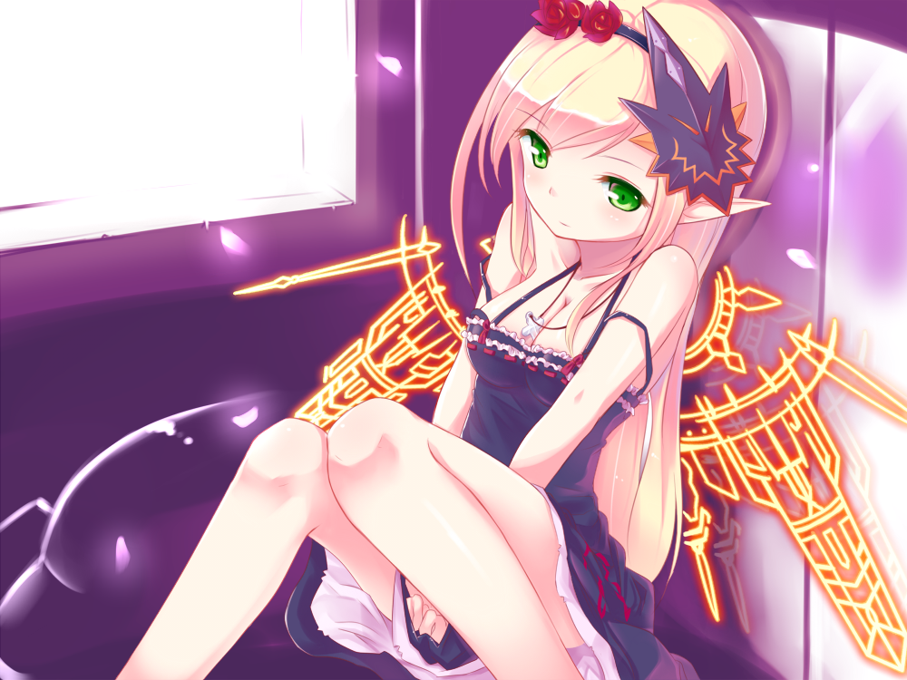 bare_shoulders, blonde_hair, blush, breasts, cleavage, dexp, dress, elf