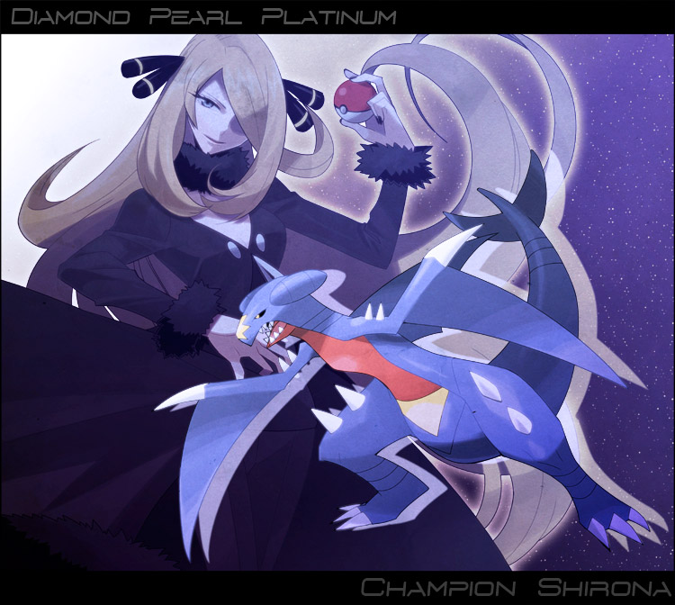 blonde_hair, blue_eyes, character_name, garchomp, hair_ornament, hair_over_one_eye, holding, holding_poke_ball