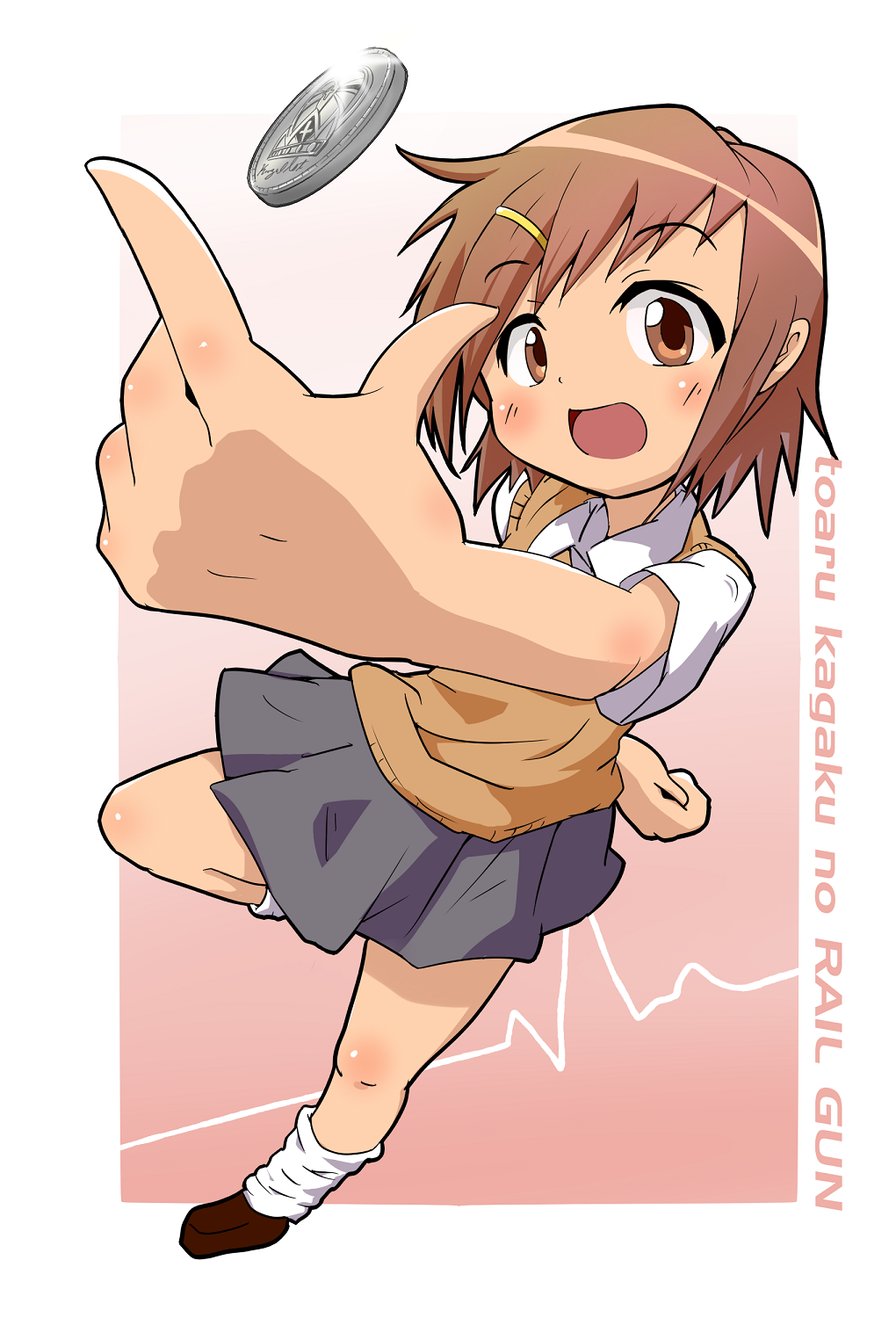 brown_eyes, brown_hair, coin, coin_flip, footwear, foreshortening, from_above, hair_ornament