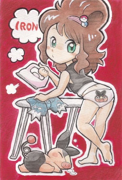 1girl, barefoot, brown_hair, english, feet, from_behind, green_eyes, iron
