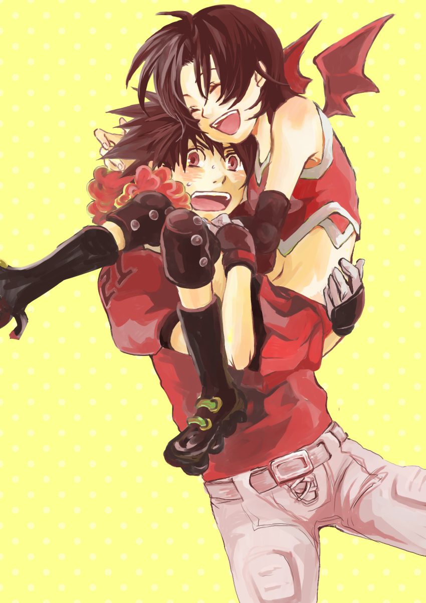 carrying, cheerleader, closed_eyes, couple, demon_wings, elbow_pads, eyes_closed, eyeshield_21