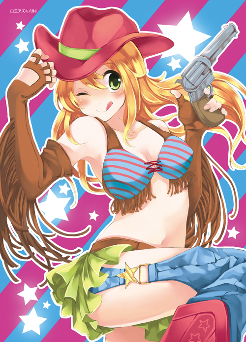 bikini, blonde_hair, breasts, cleavage, cow_girl, cowboy_hat, cowgirl, fingerless_gloves, gloves, green_eyes, gun, hat, hoshii_miki, idolmaster, revolver, shiratama_azusa, short_shorts, shorts, solo, swimsuit, tongue, weapon, western, wink