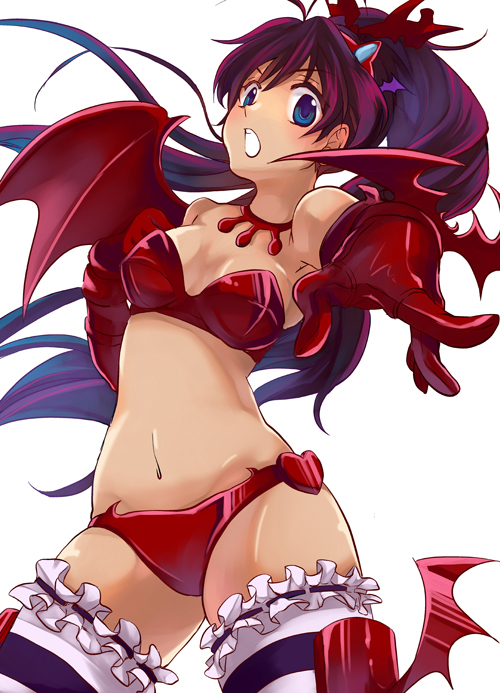 bikini, blue_eyes, dark_skin, frills, ganaha_hibiki, gloves, idolmaster, leather, lingerie, nightmare_blood, open_mouth, pointing, pointing_at_viewer, ponytail, shiny, shiny_skin, shiratama_azusa, skindentation, swimsuit, thigh-highs, thighhighs, underwear, wings