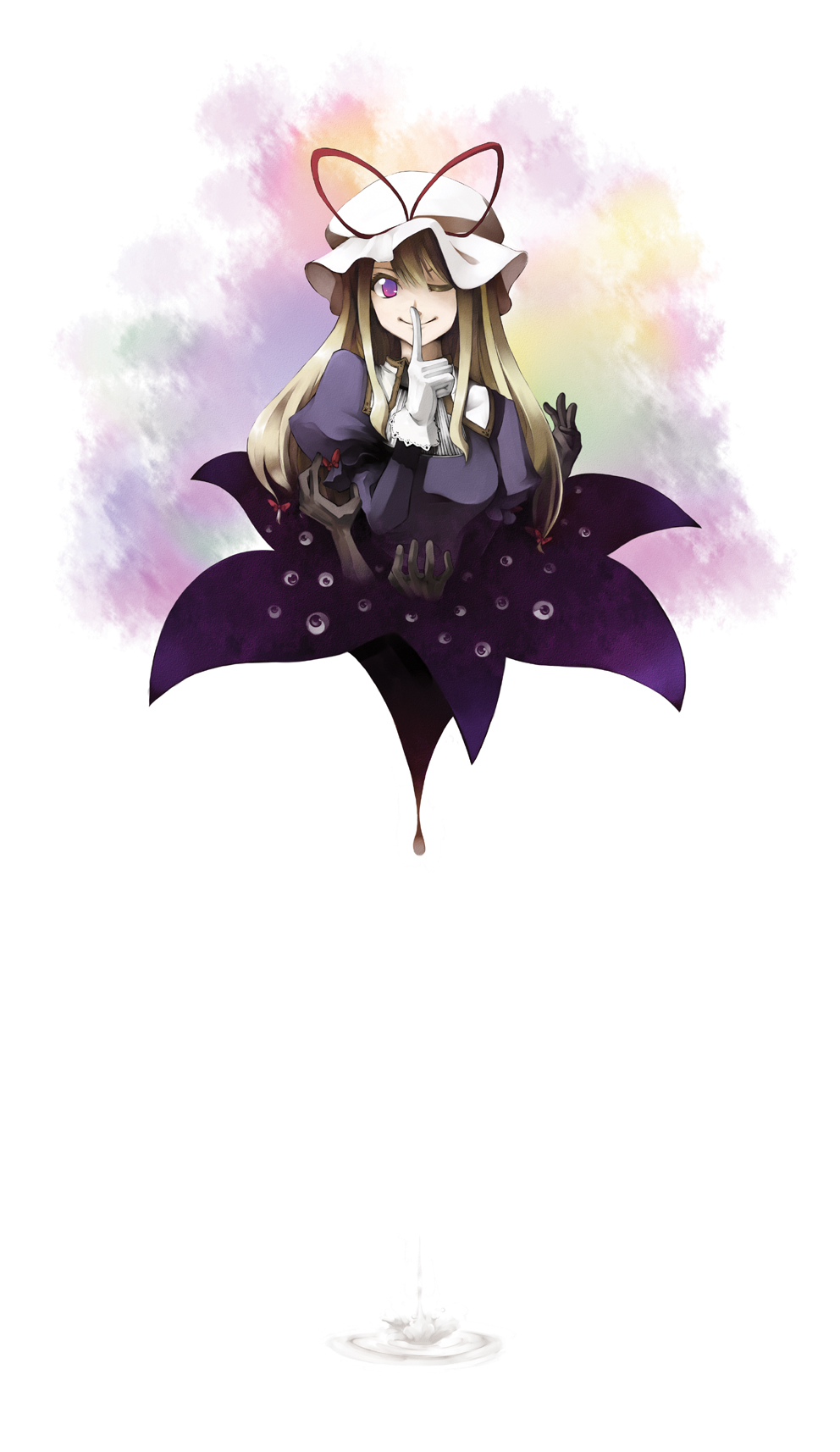 blonde_hair, finger_to_mouth, gap, hands, hat, highres, kumata, purple_eyes