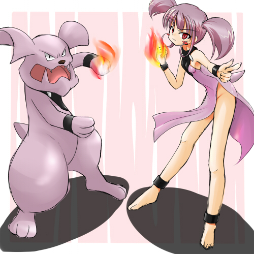1girl, barefoot, blush_stickers, burning_hand, burning_hands, costume, finger_gun, fire, granbull, lowres, moemon, no_panties, personification, pokemon, pokemon_(creature), pokemon_(game), pokemon_gsc, purple_hair, tenjou_ryuka, twintails, wrist_cuffs