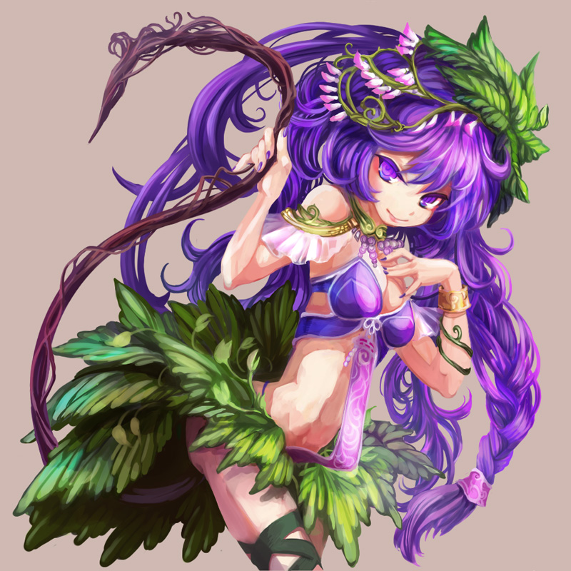 arie9, grey_background, hand_on_own_chest, leaf, long_hair, nail_polish, original, purple_eyes, purple_hair, simple_background, smile, solo, violet_eyes