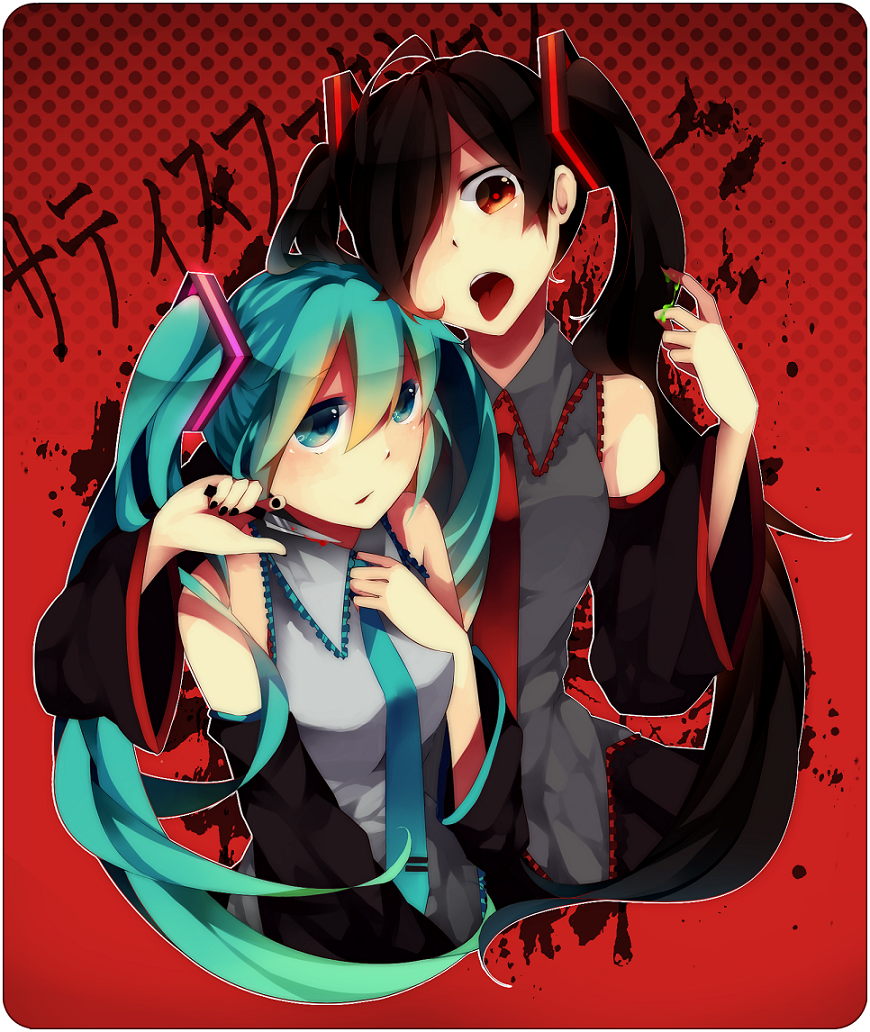 aqua_eyes, aqua_hair, black_hair, blood, detached_sleeves, dual_persona, hair_over_one_eye, hatsune_miku