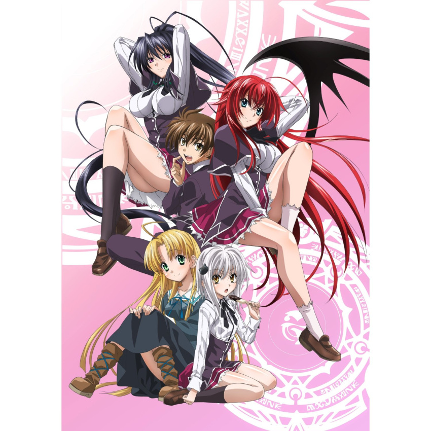 4girls, ahoge, asia_argento, bat_wings, blonde_hair, blue_eyes, blush, footwear