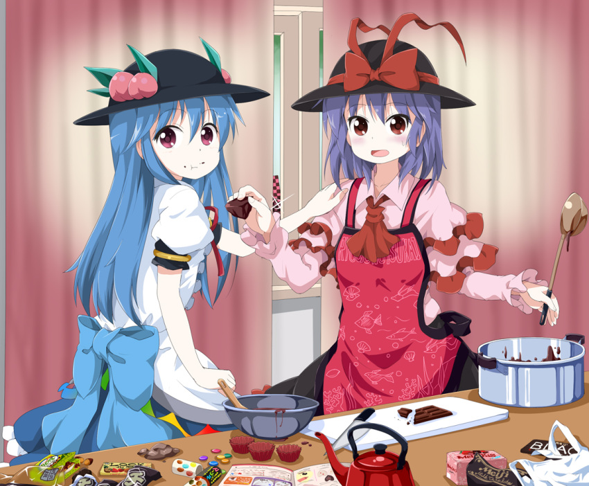 :t, apron, ascot, blue_hair, blush, bot, capelet, chocolate, eating, feeding, food, fruit, hand_on_shoulder, hat, hat_ribbon, himekaidou_hatate, hinanawi_tenshi, kitchen, knife, ladle, long_hair, multiple_girls, nagae_iku, open_mouth, peach, pot, purple_hair, red_eyes, ribbon, shirt, short_hair, skirt, touhou, tsurukou_(tksymkw), valentine