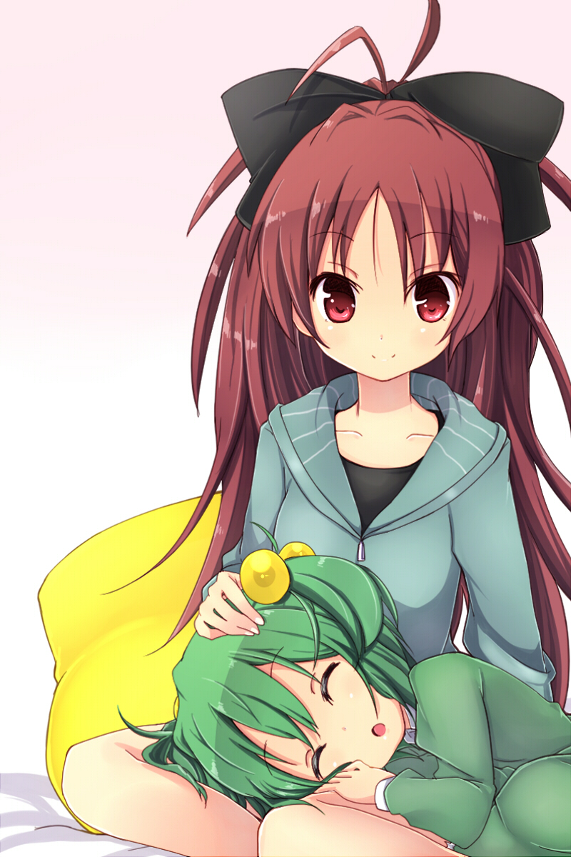 :o, amano_(els573), chitose_yuma, closed_eyes, eyes_closed, green_hair, hair_bobbles, hair_ornament