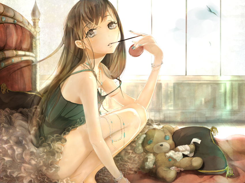 bare_legs, bed, bracelet, brown_eyes, brown_hair, dress, jewelry, legs, long_hair, mouth_hold, nail_polish, necklace, on_bed, original, pillow, pocky, sky, solo, soramu, squatting, stuffed_animal, stuffed_toy, teddy_bear