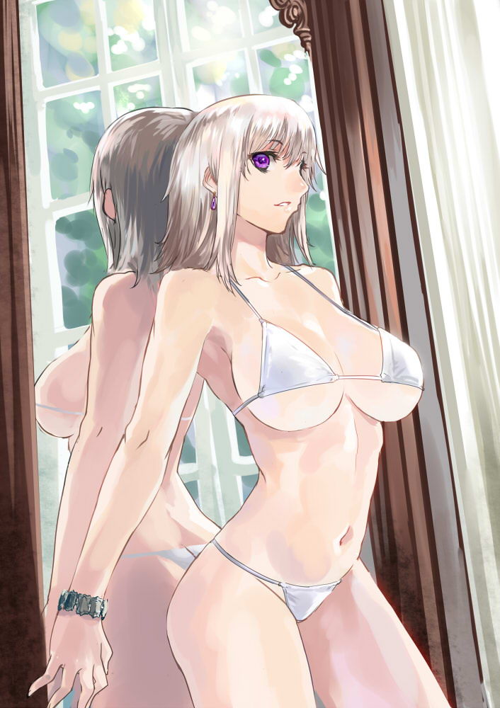 arched_back, bare_shoulders, bikini, bracelet, breasts, cleavage, copyright_request, earrings